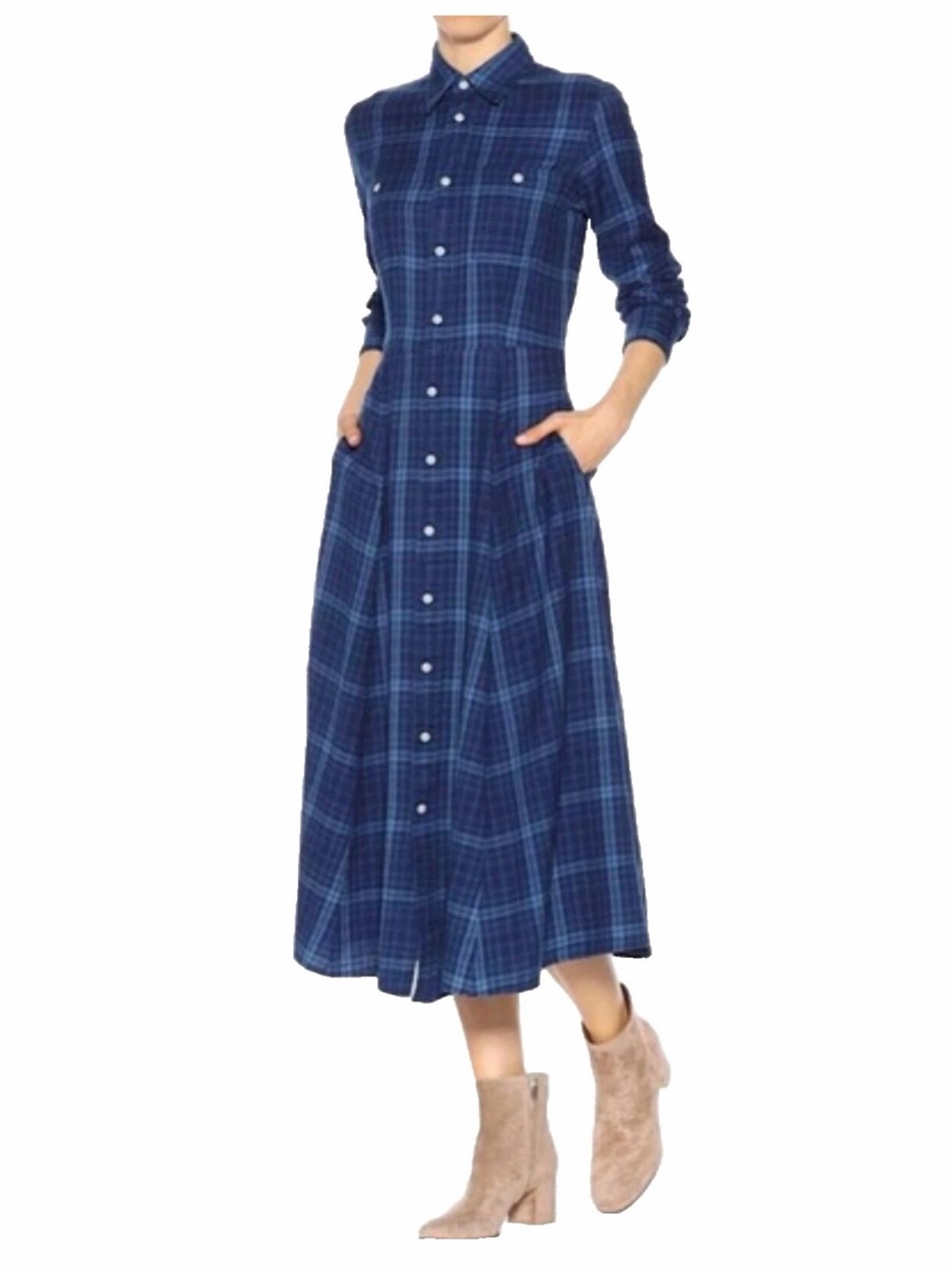 Polo Ralph Lauren Blue Plaid Button-Down Long Sleeve Maxi Shirt Dress Size L - Picture 5 of 15
